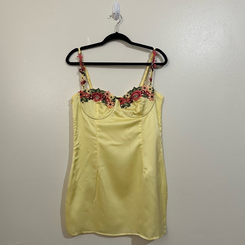 Yellow Satin Dress with Floral Embroidery